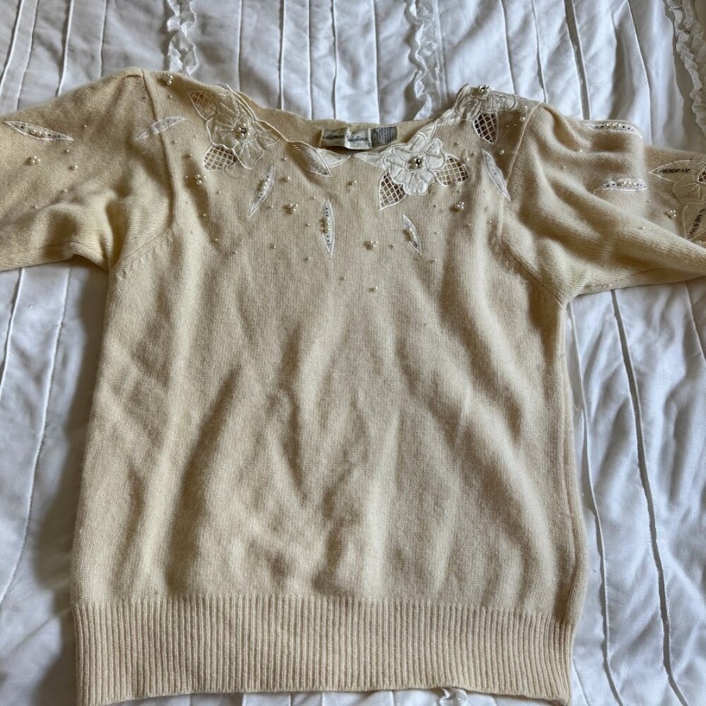 Marisa Christina Sweater Medium Cream Angora Lambswool Beaded Pearls & Sequins